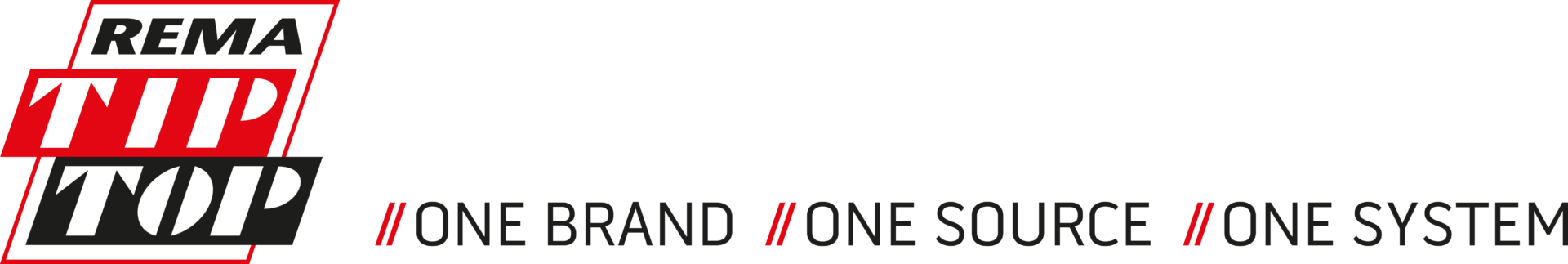 Black and red REMA TIP TOP logo with the slogan One Brand One Source One System on a black background.